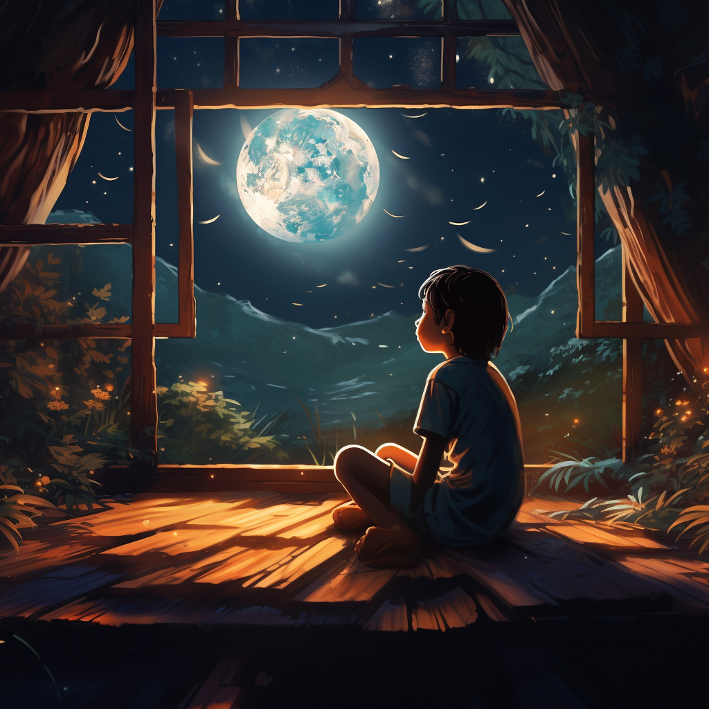 Child in hut looking at night forest with moon