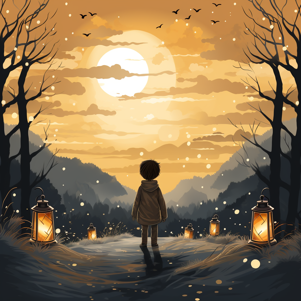 Child standing in changing landscape with lantern