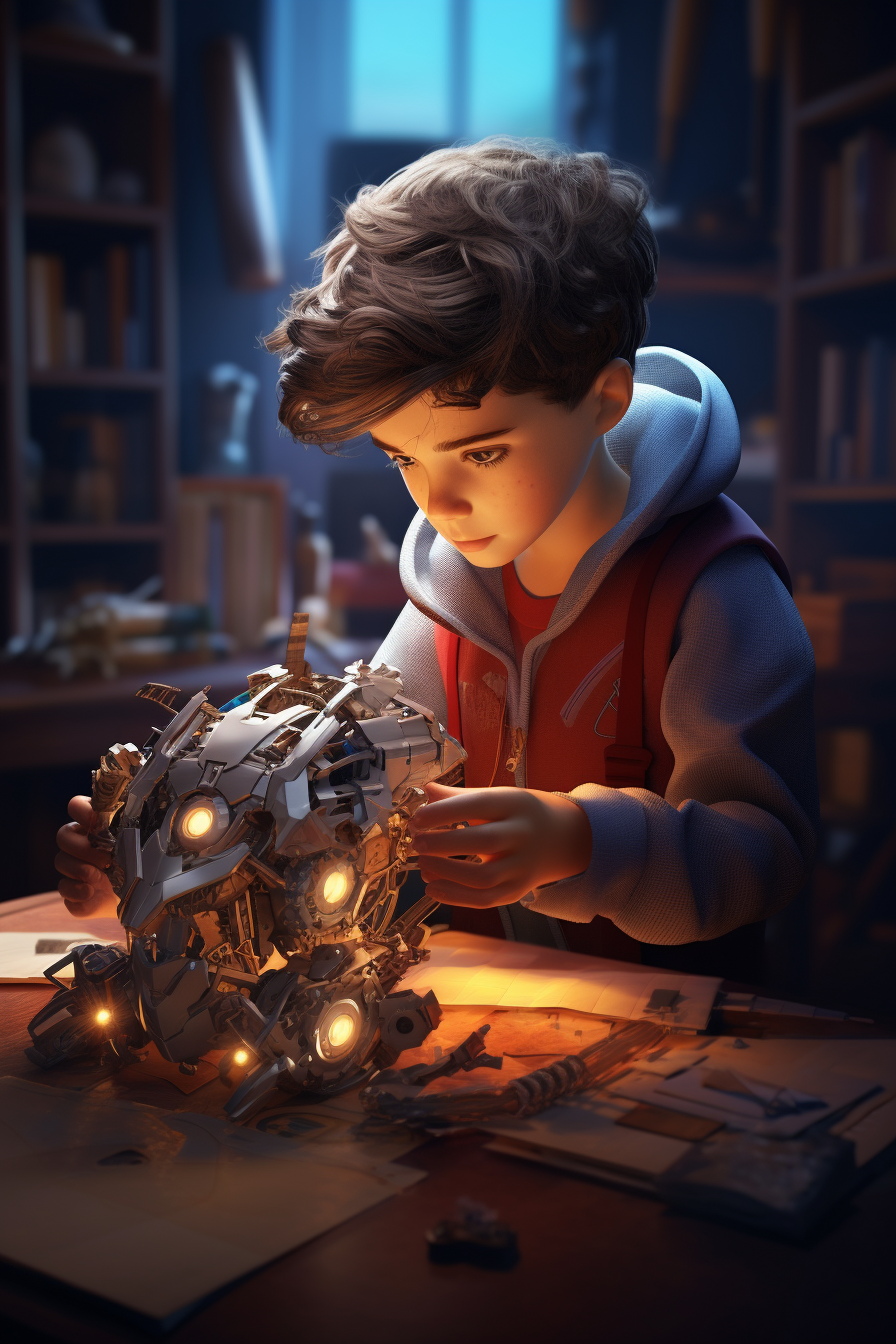 Child mechanical engineer working on futuristic mech