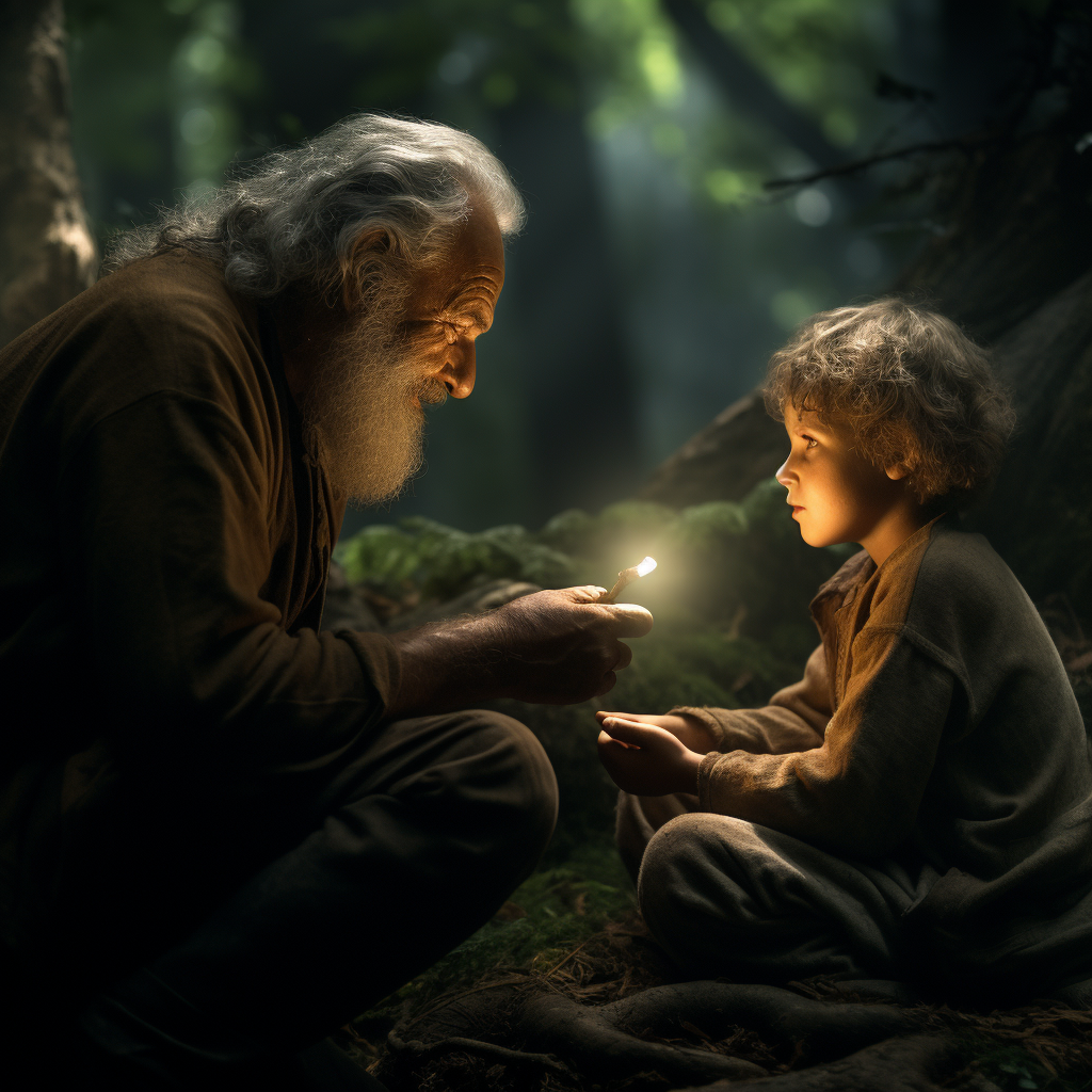 Child meeting old man in forest