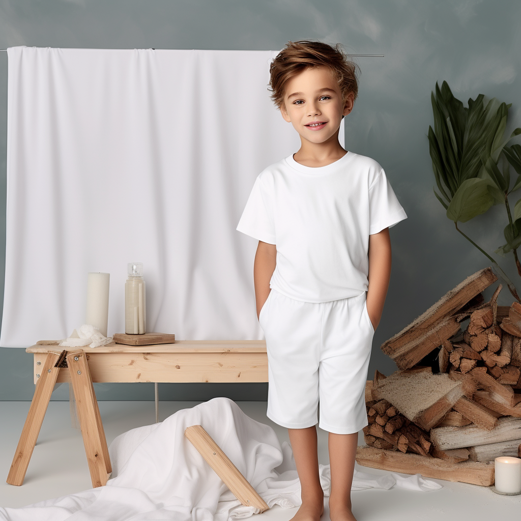 Child model wearing white summer PJs