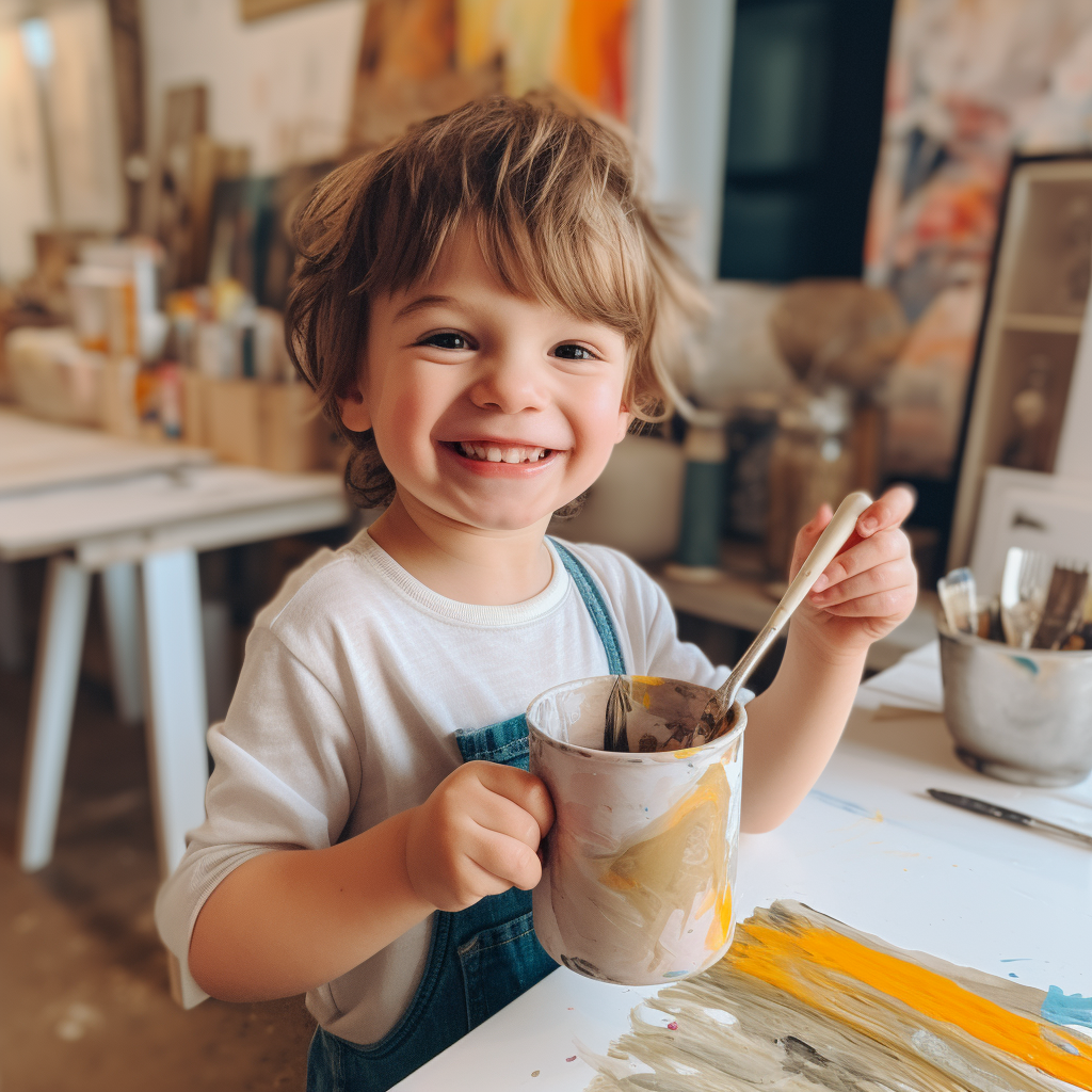 Child painting on a white mug .