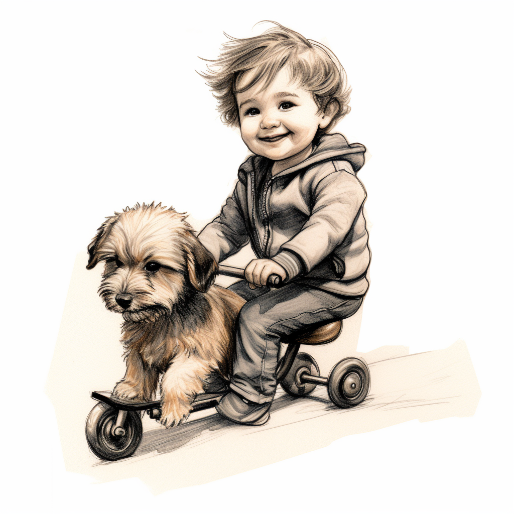 Child riding pet dog in Keith-style drawing