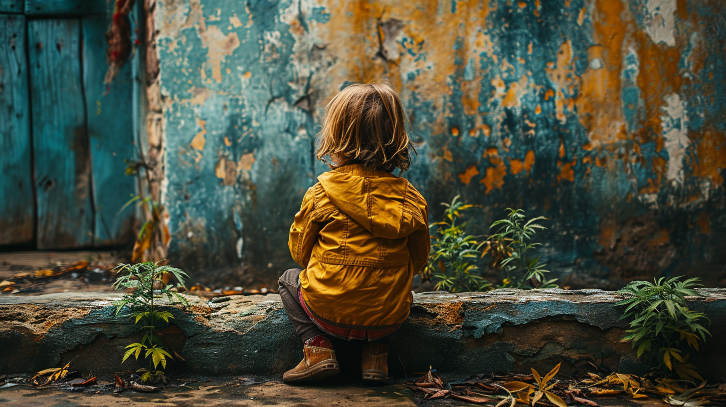 Child playing in front of cannabis wall