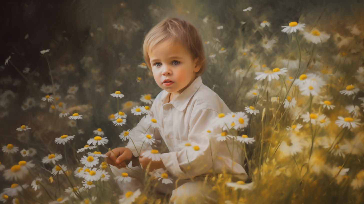 Child playing in daisy field