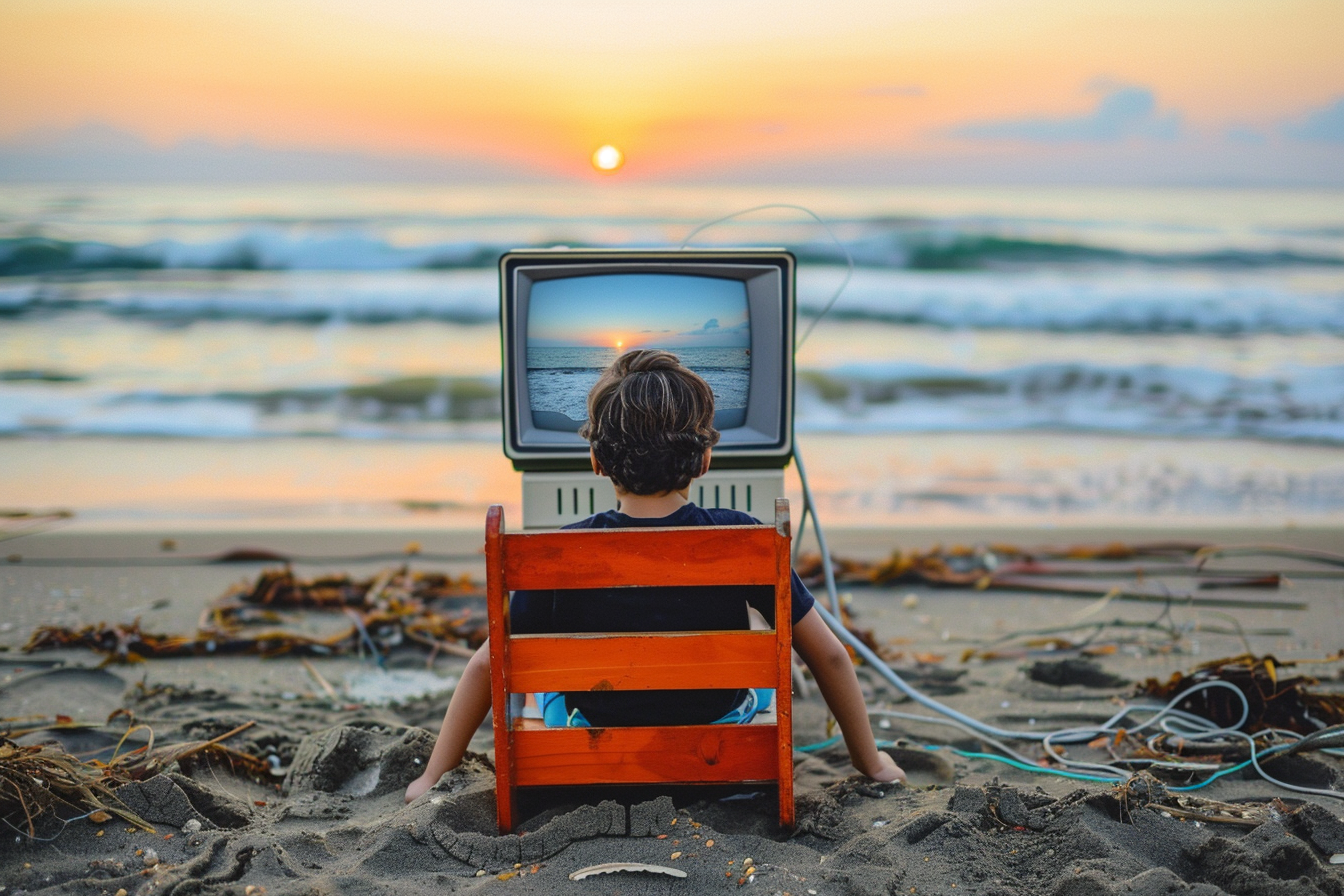 Child playing video games on beach