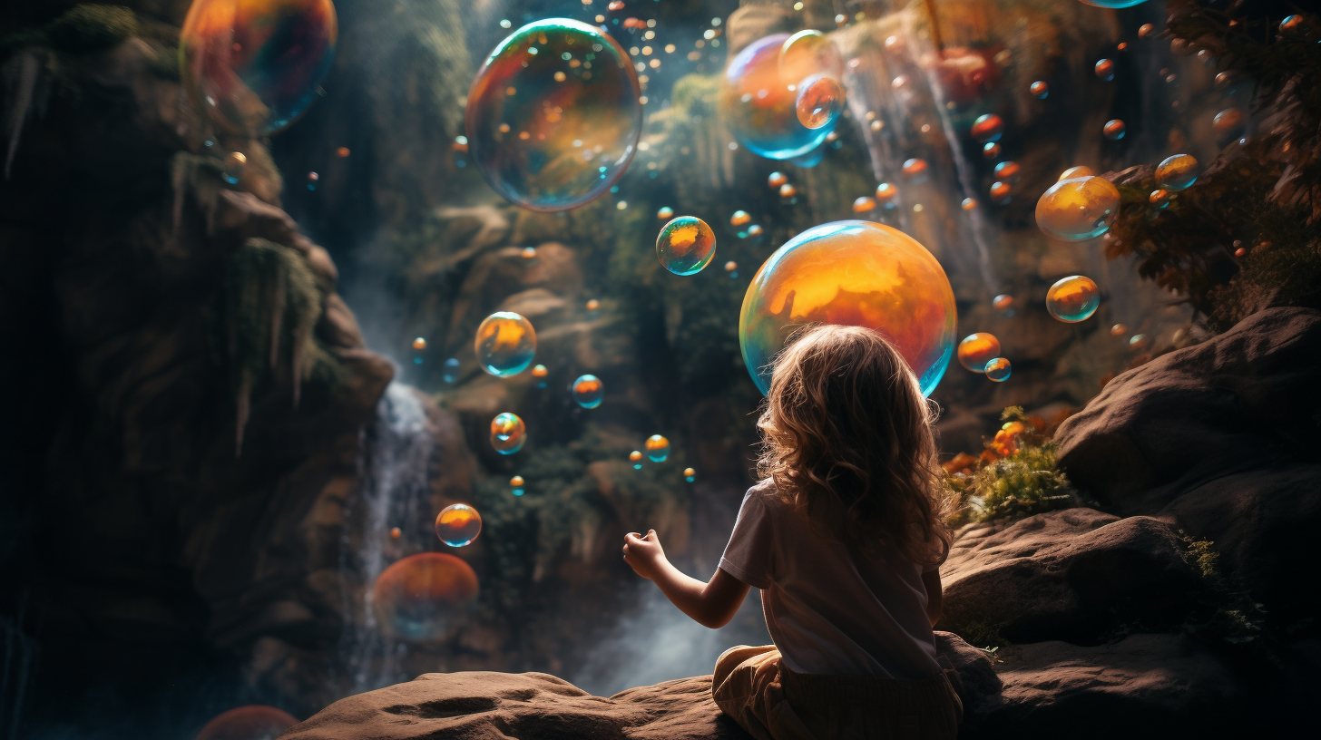 Child playing with waterfall and bubbles