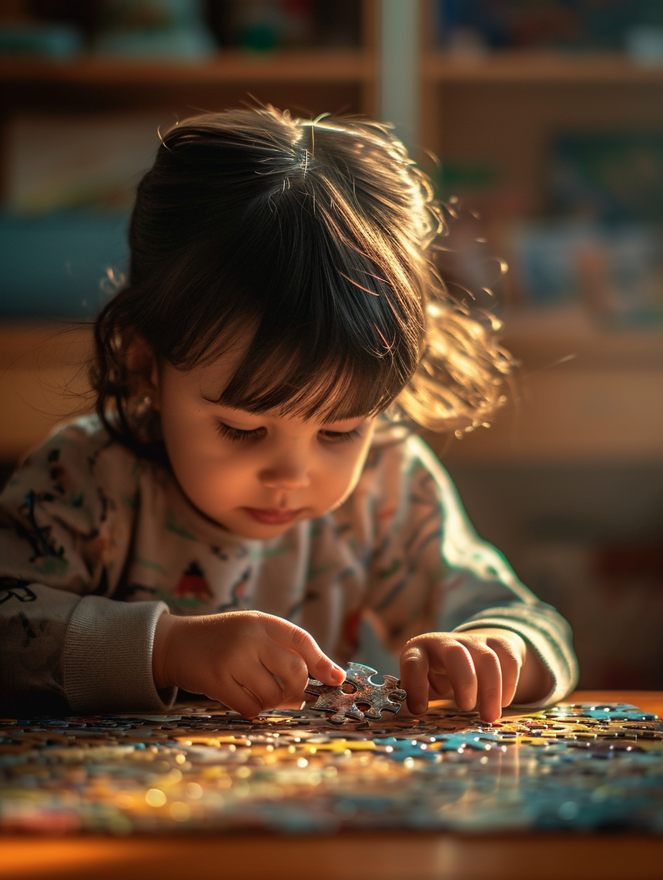 Child assembling puzzle focused