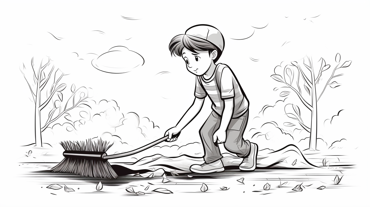 Child raking in blackline drawing style