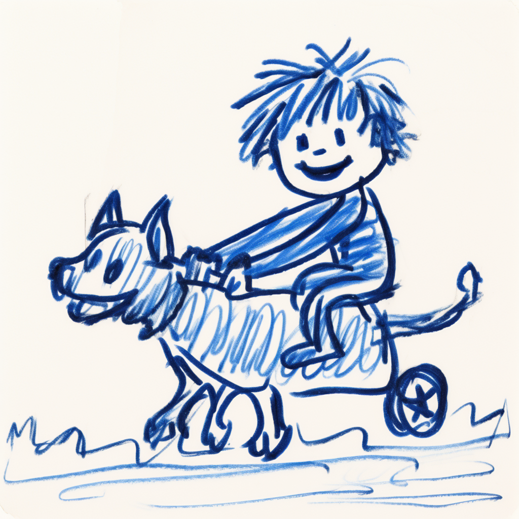 Child riding dog in primitive style