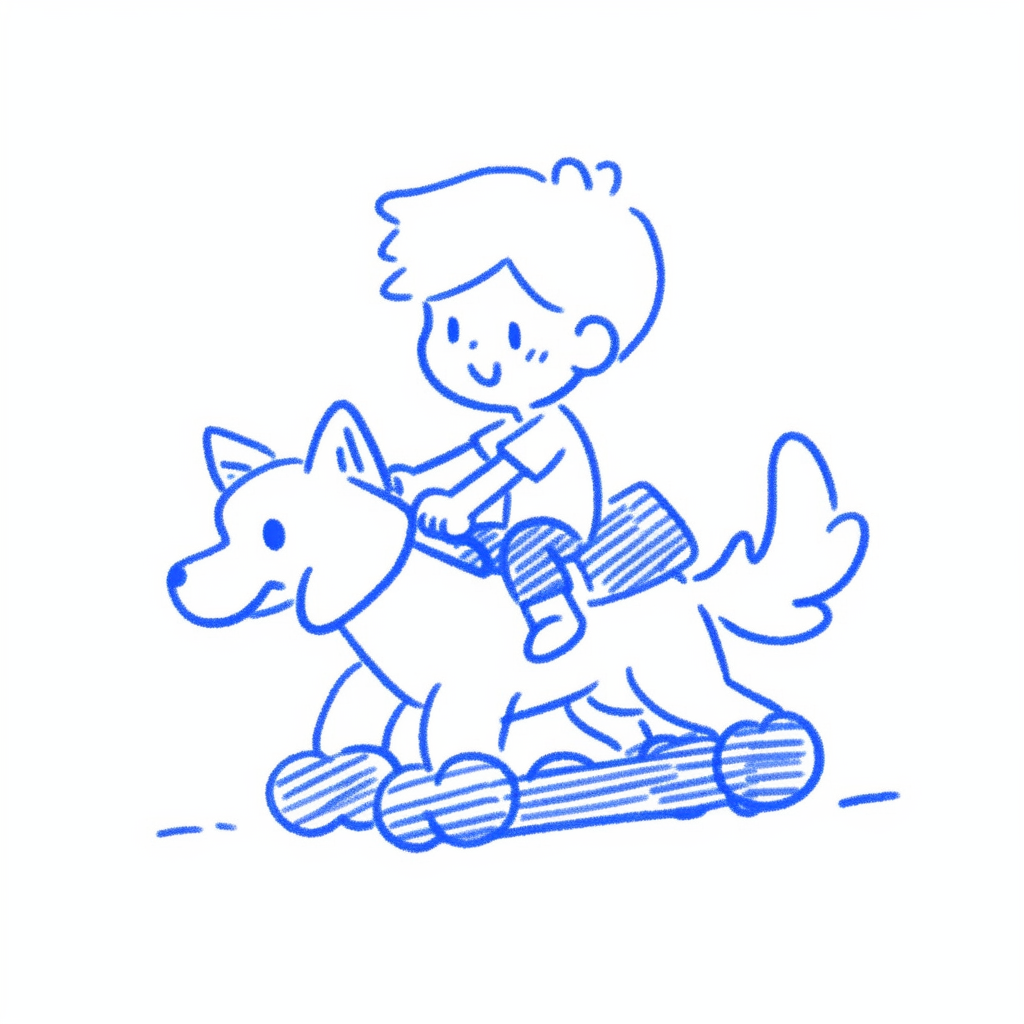 Child riding dog in minimalist marker drawing