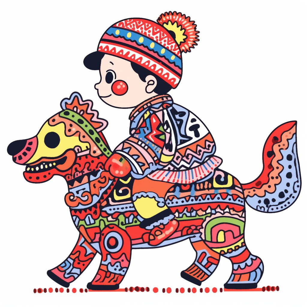 Playful child riding dog in Haring style