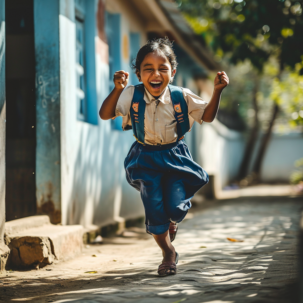 Happy child in blue uniform