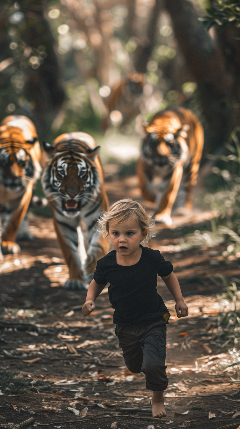 Child running from tigers scene