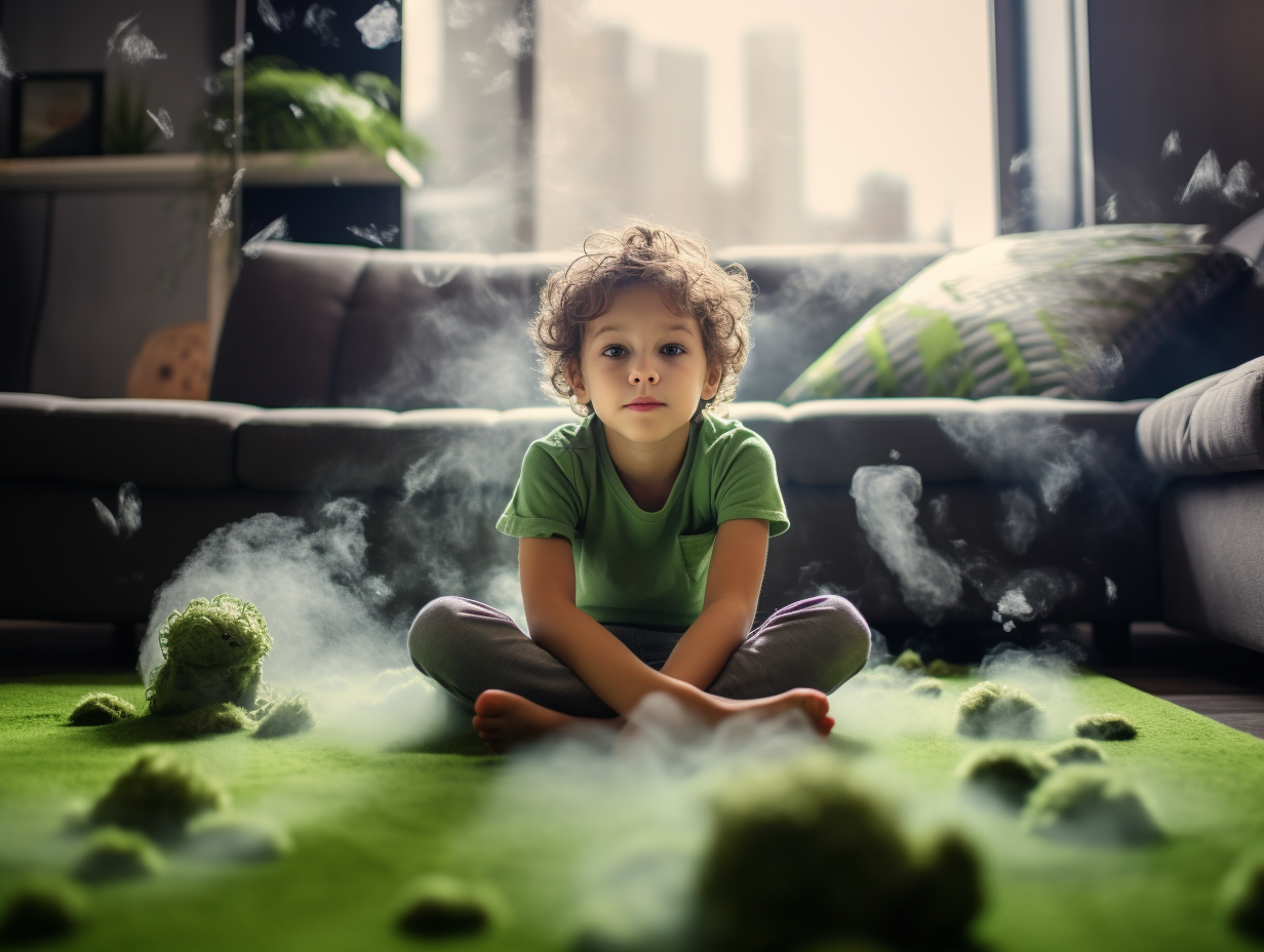 Child sitting on carpet in modern living room