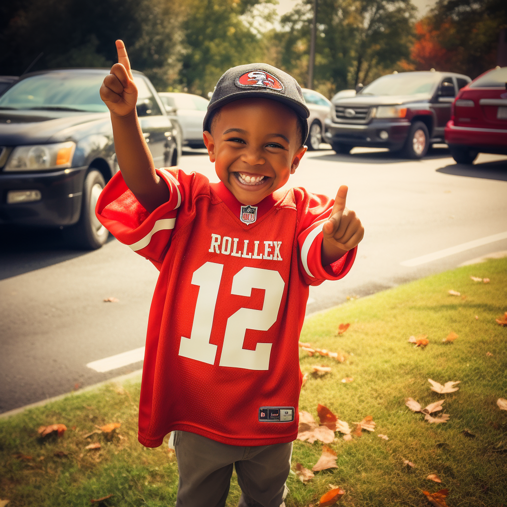 Child with big smile in football jersey