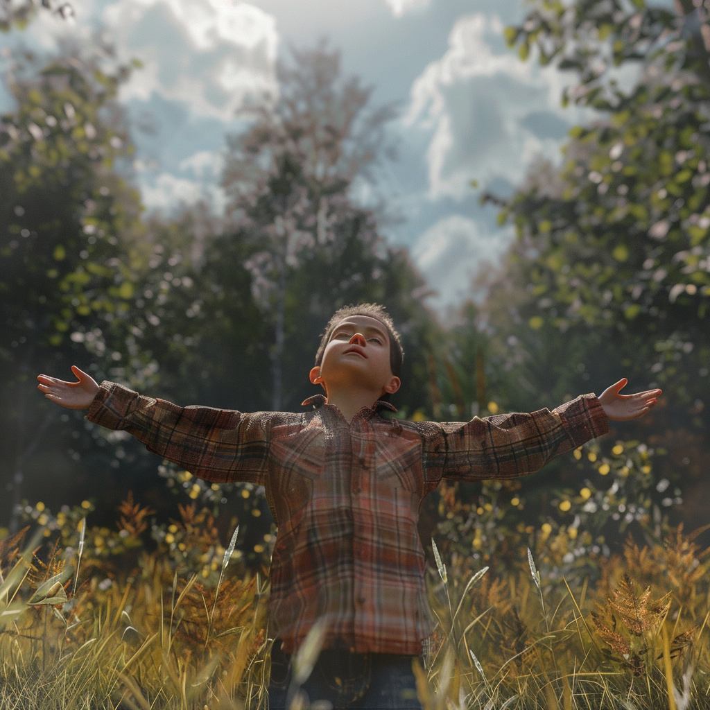 Child in meadow breathing deeply