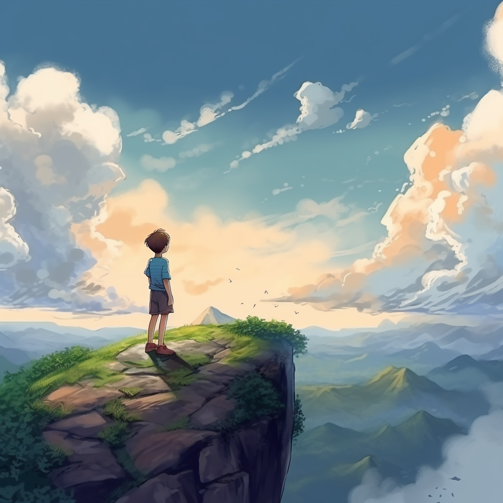 Child standing on cliff with sky as backdrop