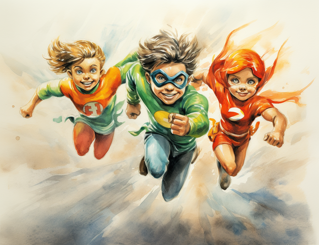 Sketch of child superheroes in action