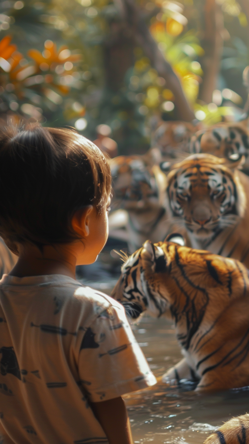 Child and Tigers Closeup Shot