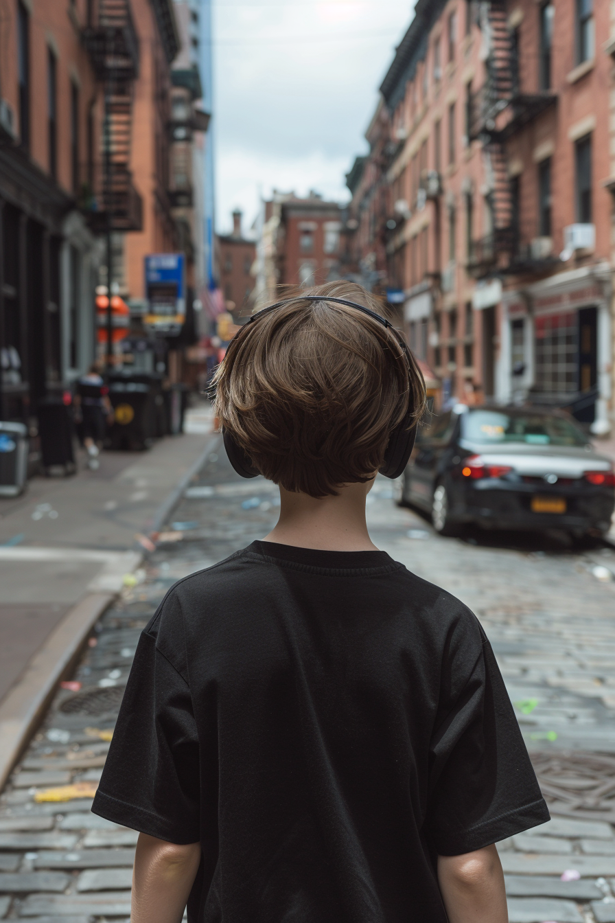 Child with gaming headphones walking city street