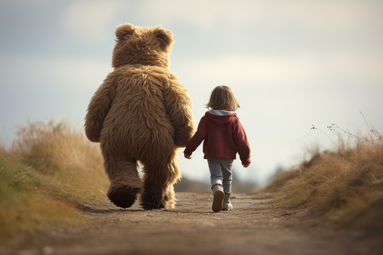 Child walking hand in hand with teddy bear