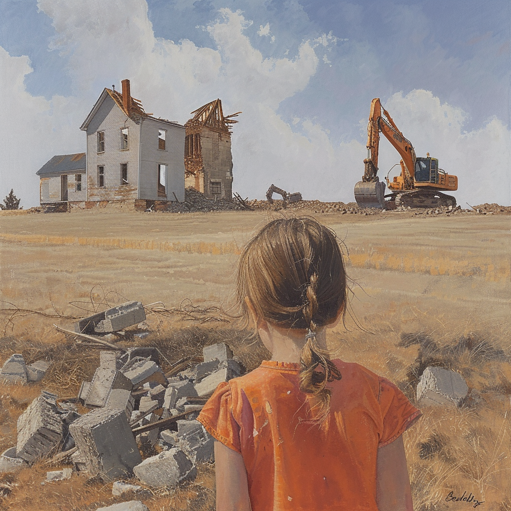 Child observing farmhouse demolition painting