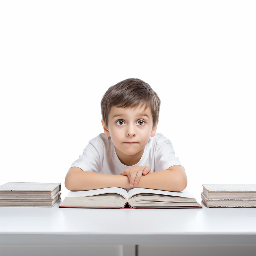 Child at White Table with Books