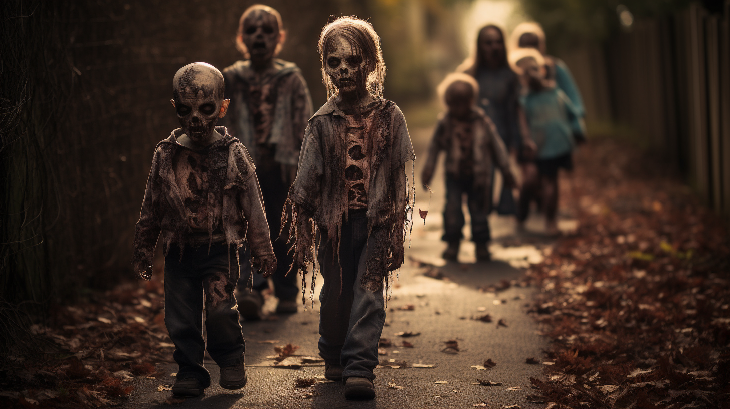 Child zombies trick or treating on Halloween