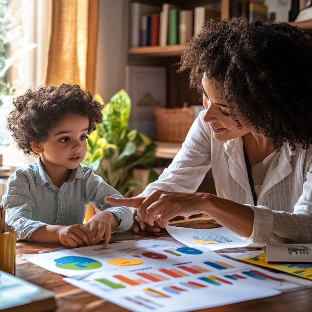 Young child and adult reviewing documents