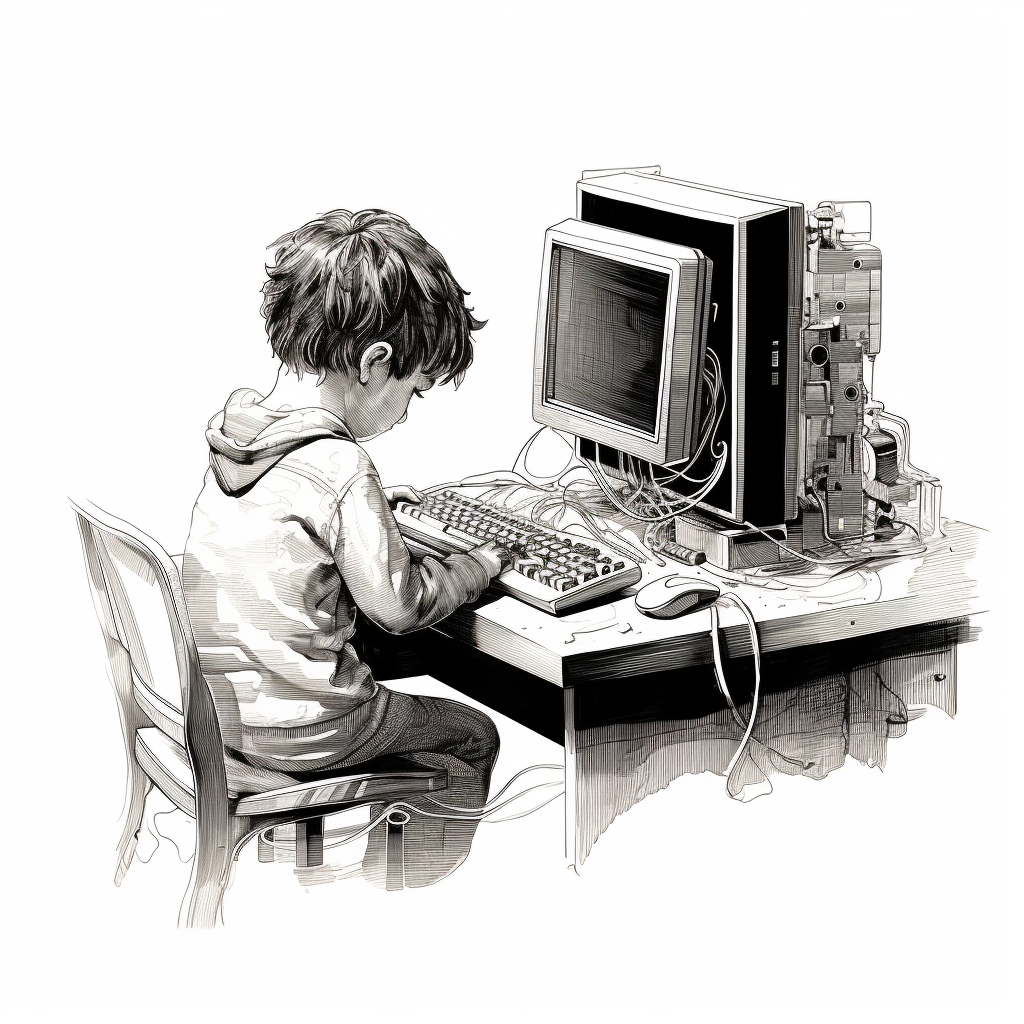 Black and White Child Sketch at Software Developer's Desk