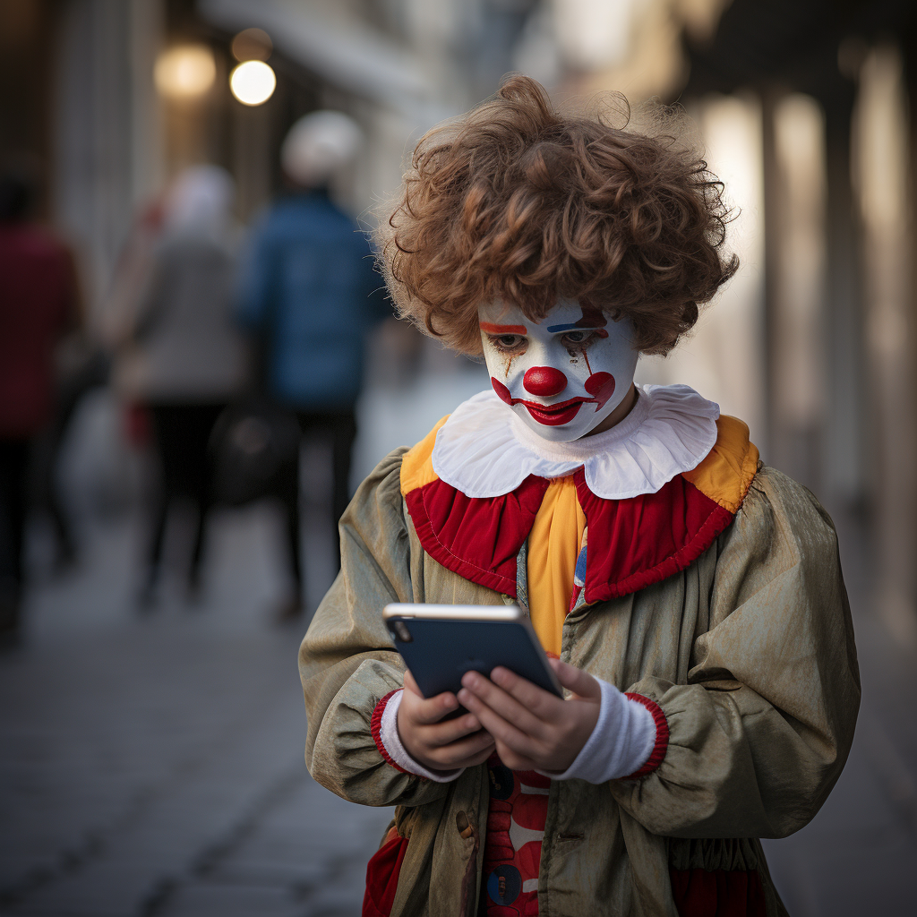 Child with curious expression watching clown's smartphone