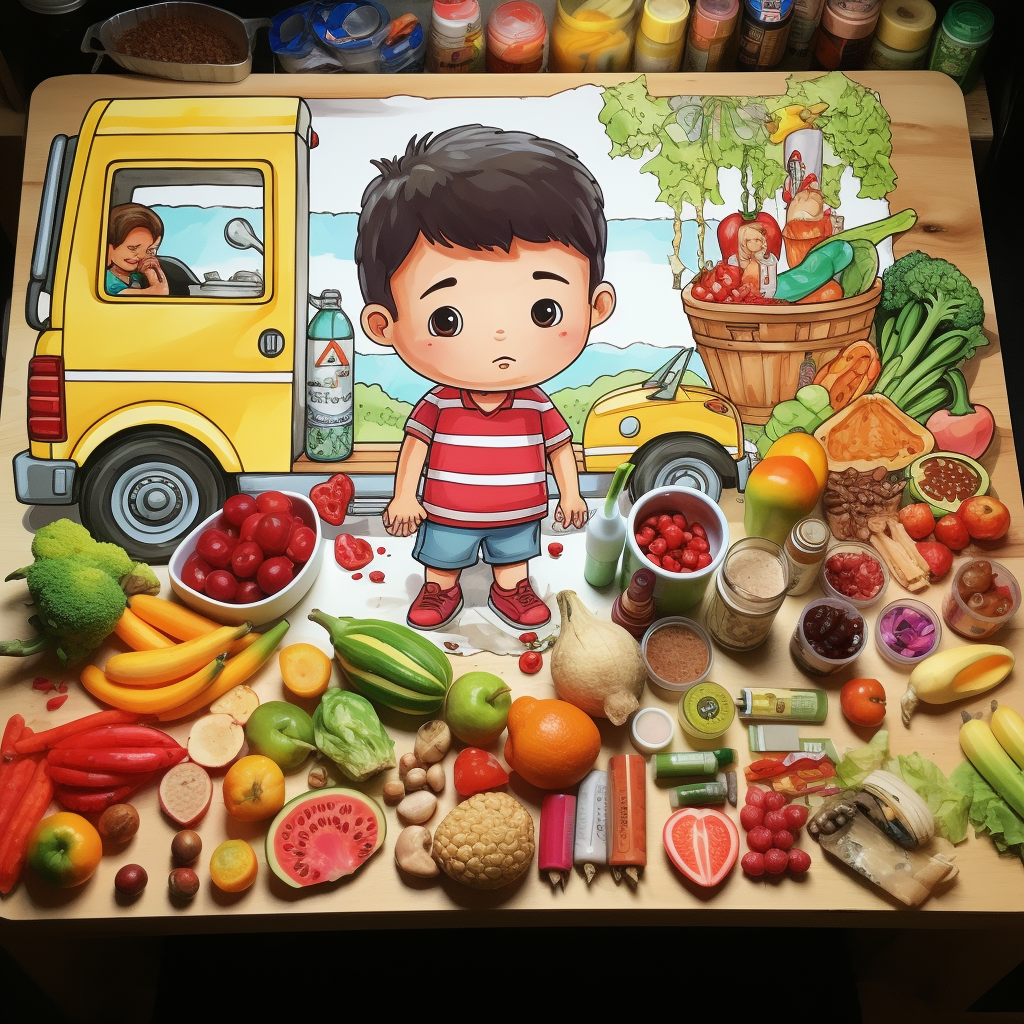 Colorful Child's Drawing of Food Cart