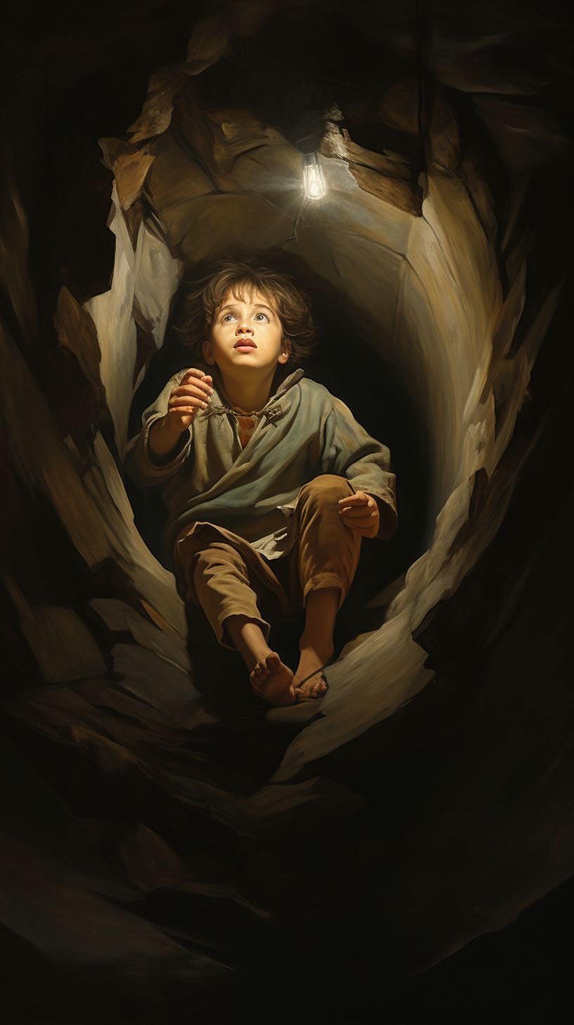 Child in Renaissance Clothing Falling into Underground Room