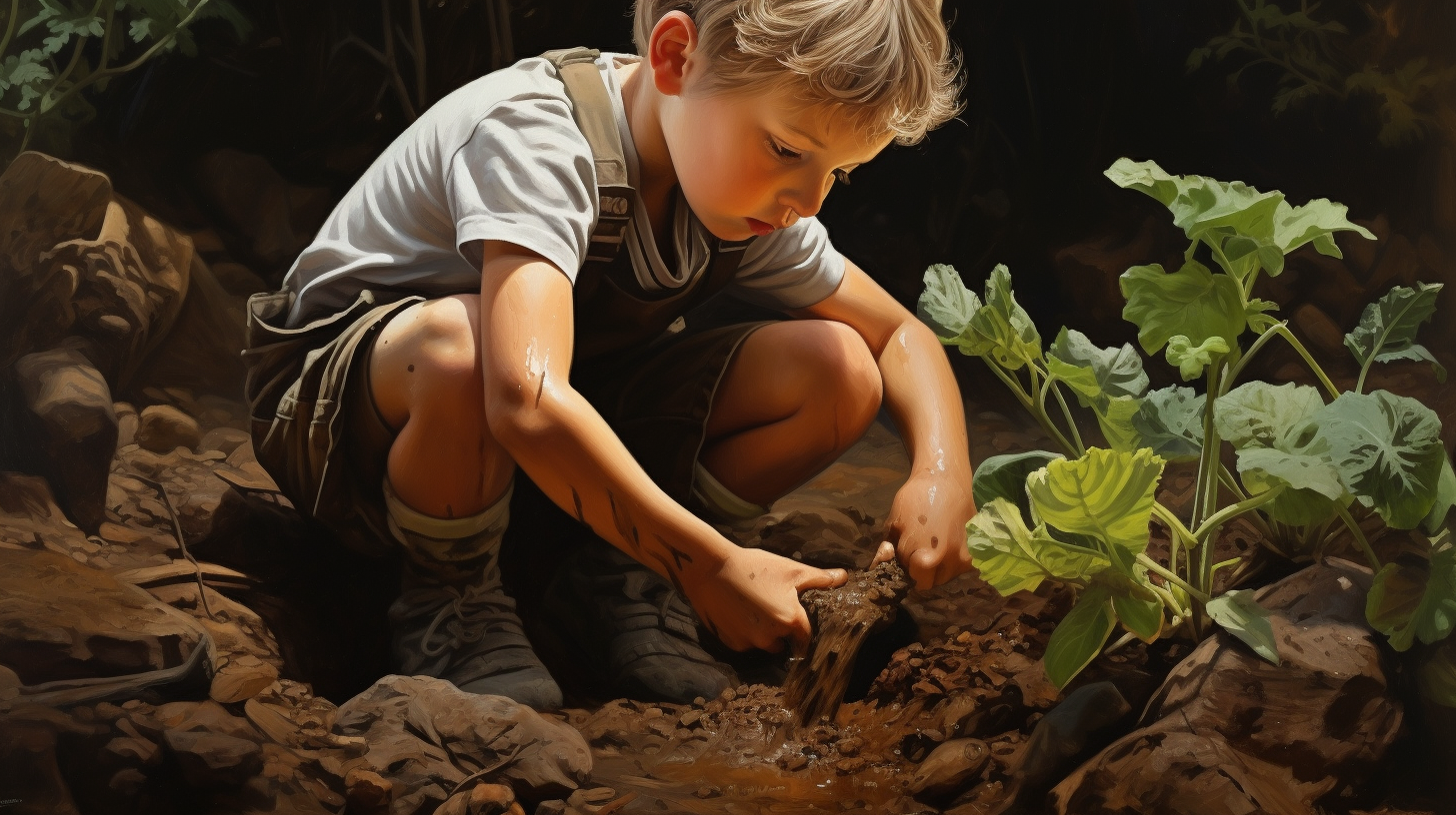 Child digging in garden with hyperrealistic details