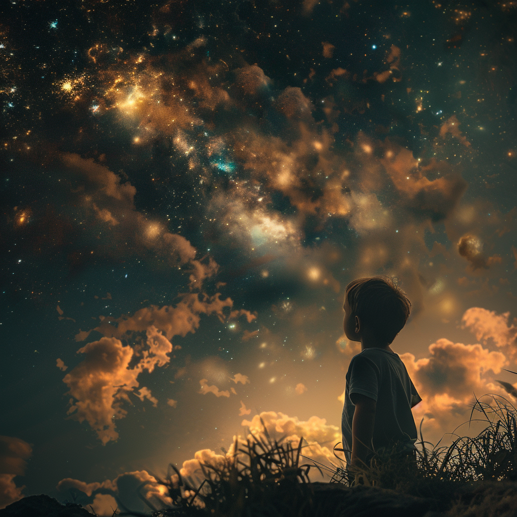 Child gazing at universe sky