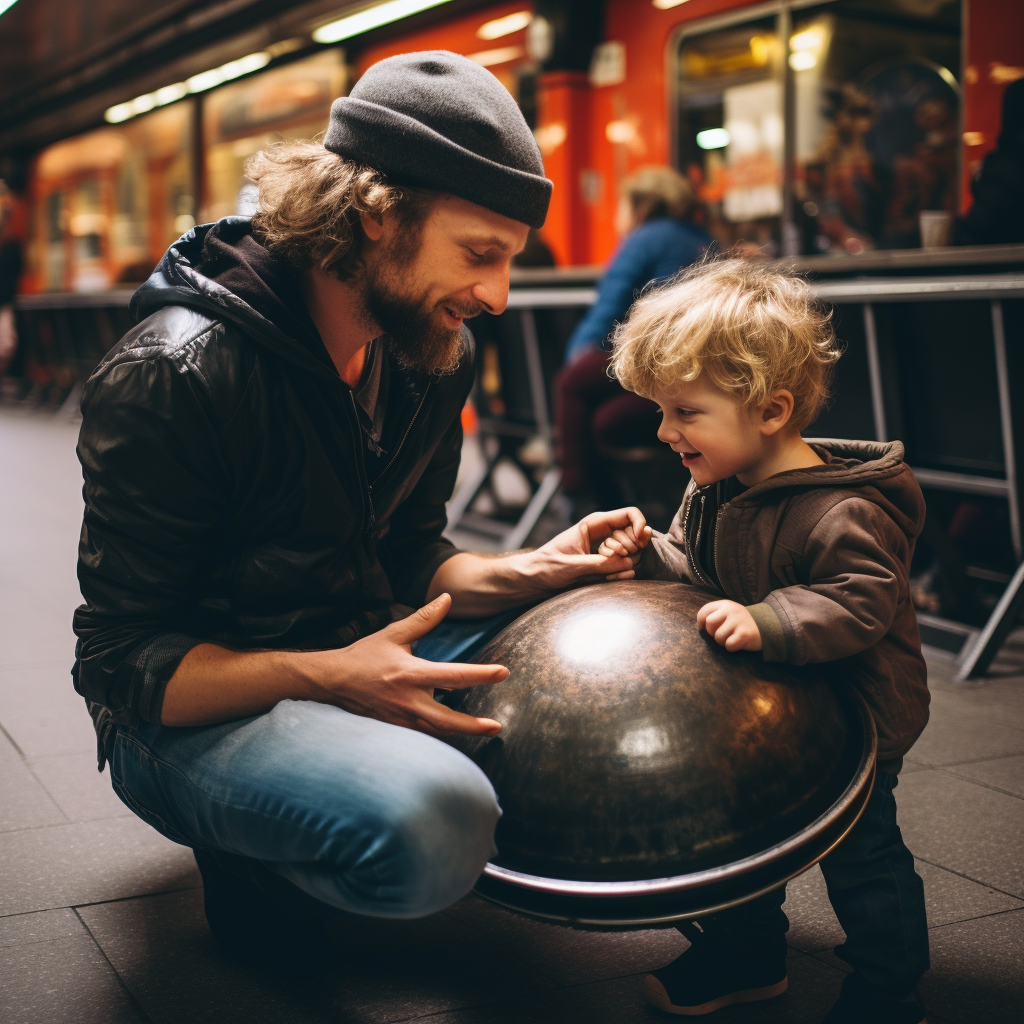 Child meets old man playing handpan instrument