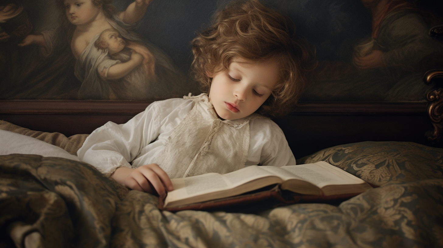 Six-year-old child reading book on bed