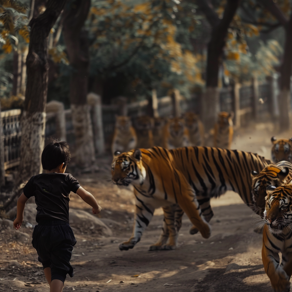 Child running away from tigers