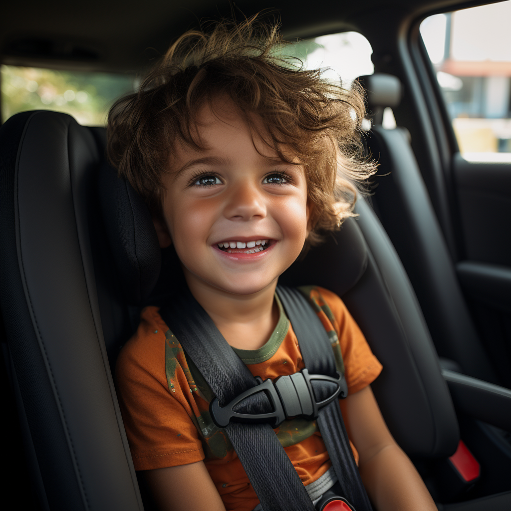 Smiling child sitting in new car with seat belt