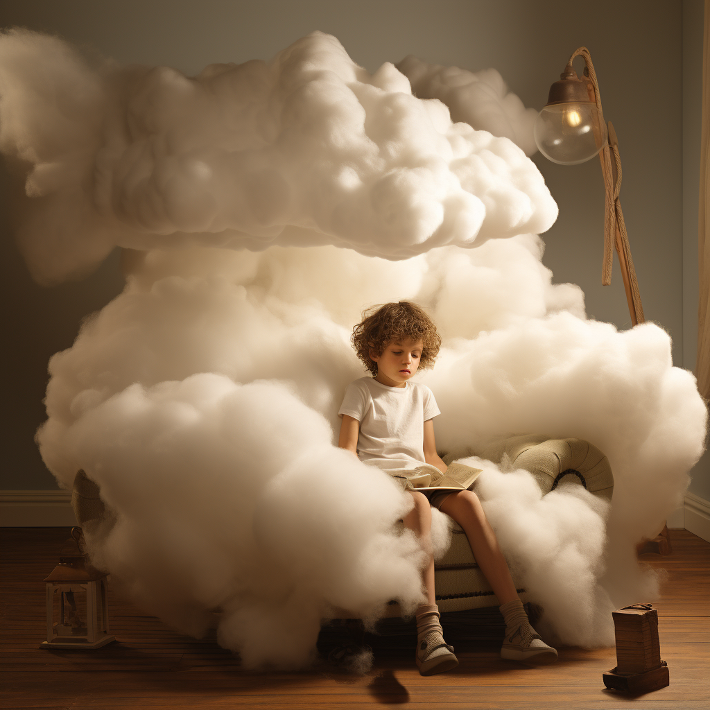 Child sitting on cloud sculpture