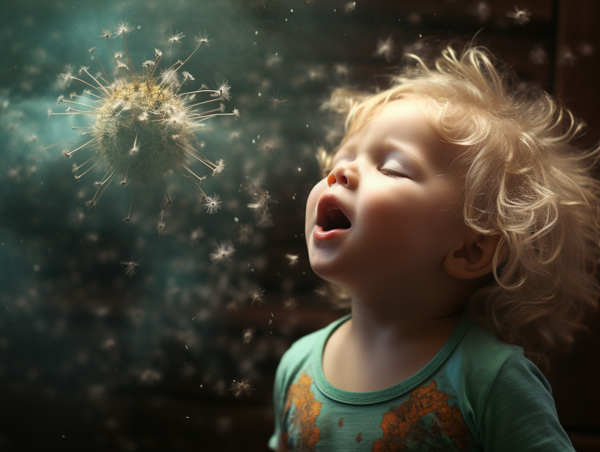 Child sneezing with viruses and dust particles