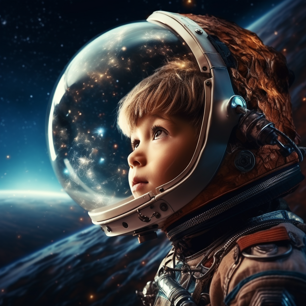 Child in Spacesuit Gazing at Universe