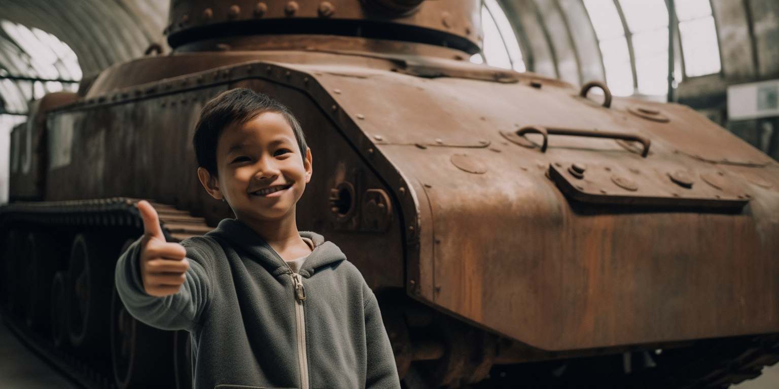 Child giving thumbs up to tank