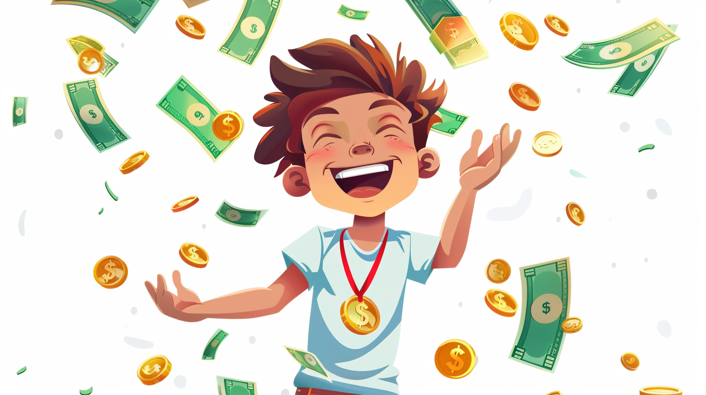 Child smiling with money and medal