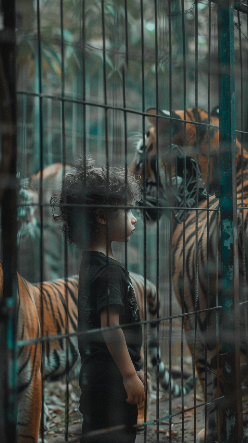 child and tigers near cage