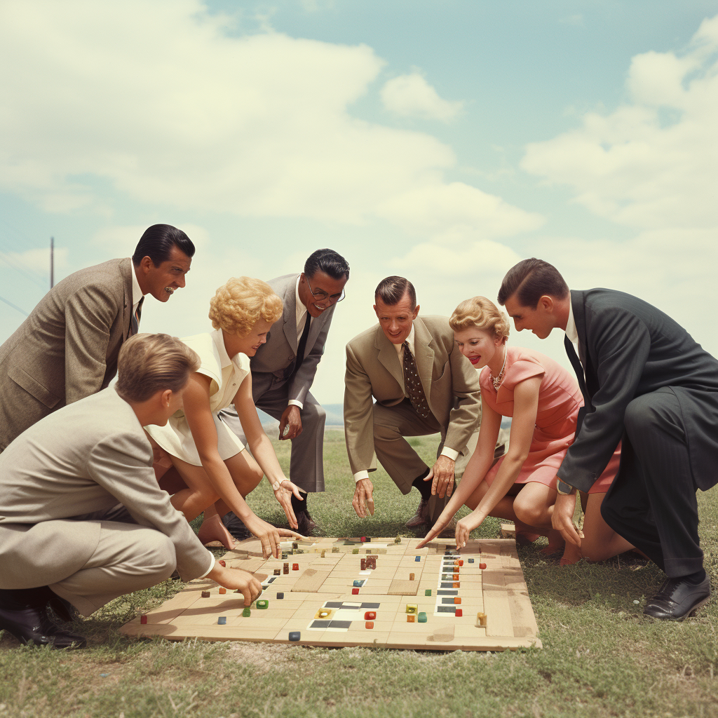 Adults playing childhood game in business attire