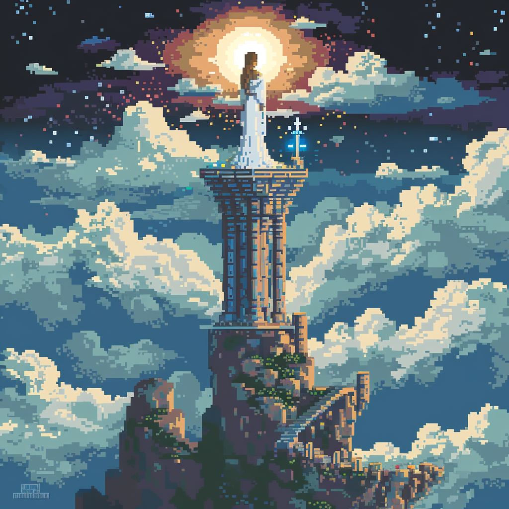 8-bit style childlike empress in tower