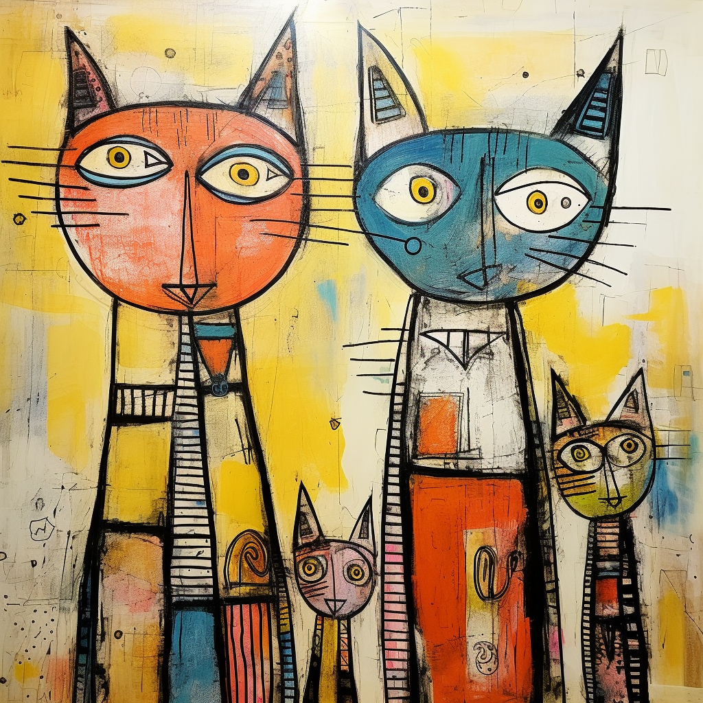 Artistic drawing of three cats in children's style