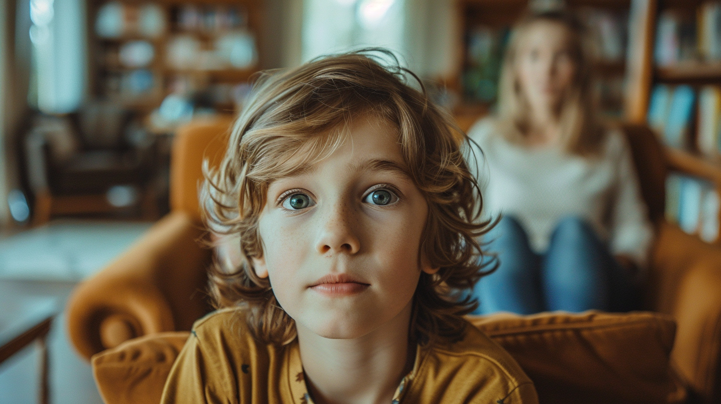 Two children at desk with mother